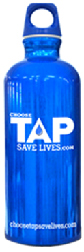 A bottle of water with slogan 'Choose TAP savelives.com'